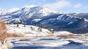 Preview wallpaper mountains, snow, peak, landscape, nature, valley