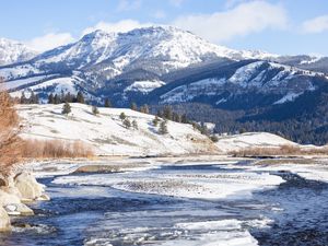 Preview wallpaper mountains, snow, peak, landscape, nature, valley