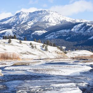 Preview wallpaper mountains, snow, peak, landscape, nature, valley