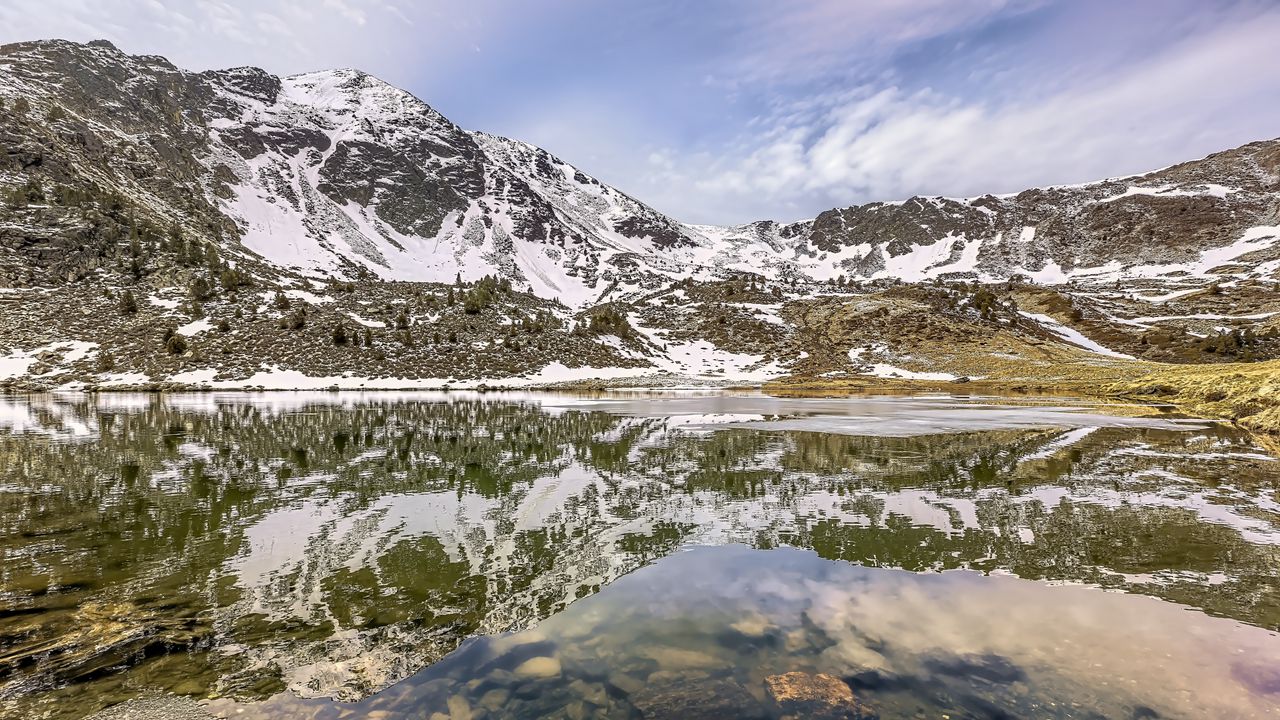 Wallpaper mountains, snow, peaks, lake, reflection, landscape