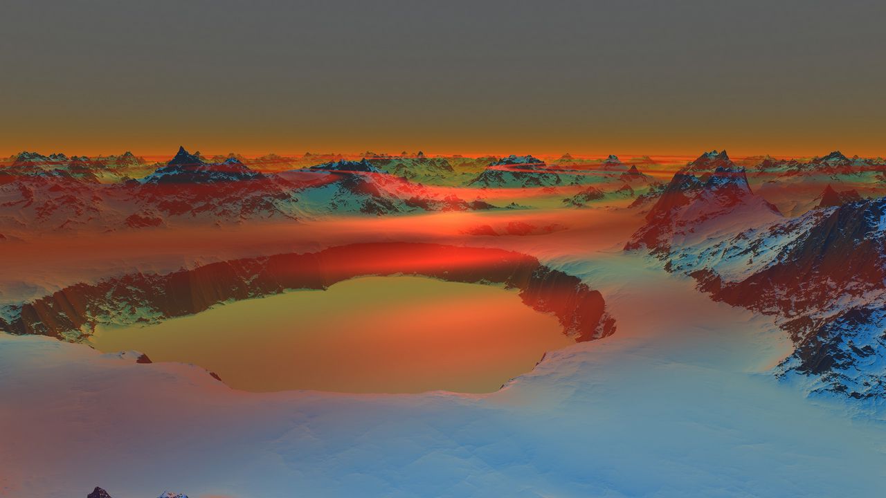 Wallpaper mountains, snow, pond, twilight