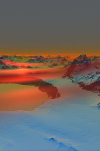 Preview wallpaper mountains, snow, pond, twilight