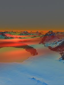 Preview wallpaper mountains, snow, pond, twilight