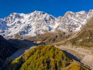 Preview wallpaper mountains, snow, relief, trees, valley