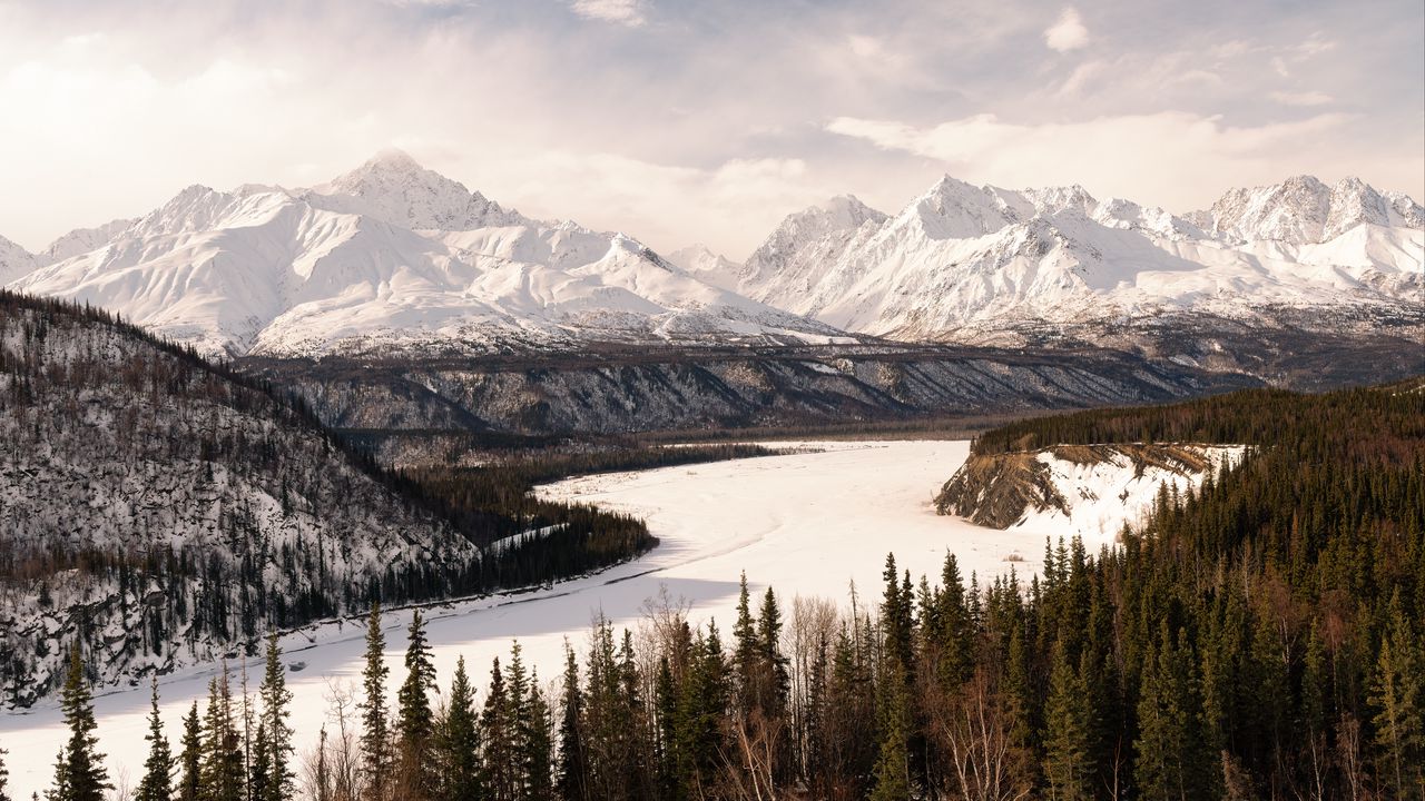 Wallpaper mountains, snow, river, trees, winter