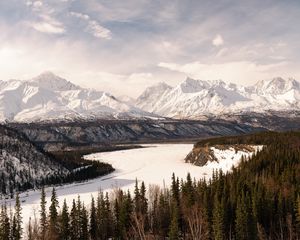 Preview wallpaper mountains, snow, river, trees, winter