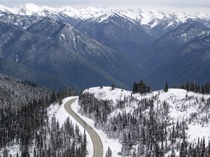 Preview wallpaper mountains, snow, road, peaks, slope