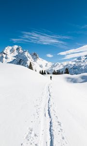 Preview wallpaper mountains, snow, skier, path, snowy