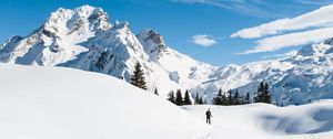 Preview wallpaper mountains, snow, skier, path, snowy