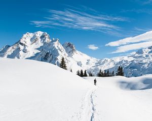 Preview wallpaper mountains, snow, skier, path, snowy