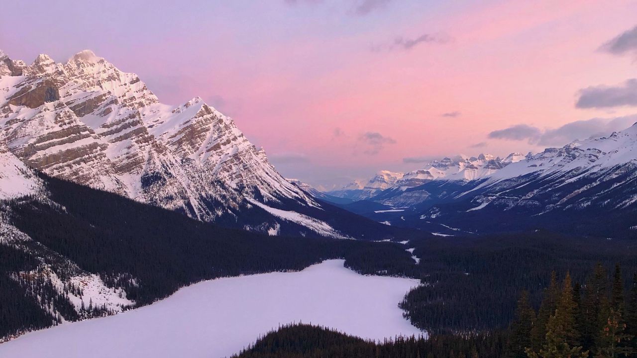Wallpaper mountains, snow, sky, trees, mountain landscape