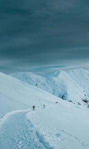Preview wallpaper mountains, snow, slope, skiers, people