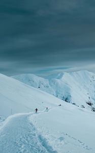 Preview wallpaper mountains, snow, slope, skiers, people