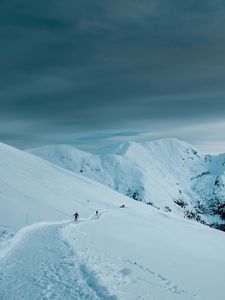 Preview wallpaper mountains, snow, slope, skiers, people