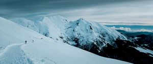 Preview wallpaper mountains, snow, slope, skiers, people