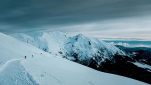 Preview wallpaper mountains, snow, slope, skiers, people