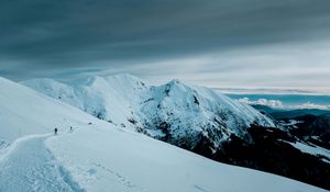 Preview wallpaper mountains, snow, slope, skiers, people