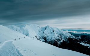 Preview wallpaper mountains, snow, slope, skiers, people