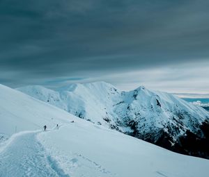 Preview wallpaper mountains, snow, slope, skiers, people