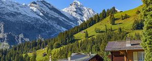 Preview wallpaper mountains, snow, slope, trees, house, nature