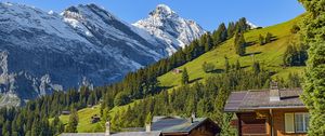 Preview wallpaper mountains, snow, slope, trees, house, nature