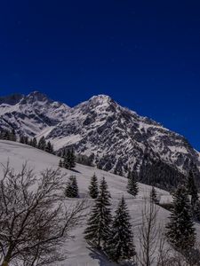 Preview wallpaper mountains, snow, slope, trees, view, landscape, night