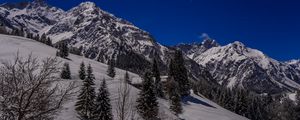 Preview wallpaper mountains, snow, slope, trees, view, landscape, night