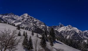 Preview wallpaper mountains, snow, slope, trees, view, landscape, night