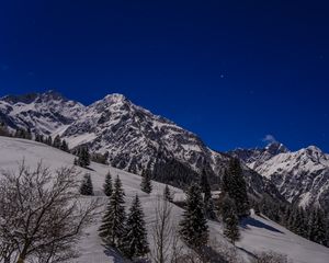 Preview wallpaper mountains, snow, slope, trees, view, landscape, night