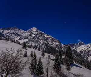 Preview wallpaper mountains, snow, slope, trees, view, landscape, night
