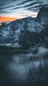 Preview wallpaper mountains, snow, snowy, fog, sunset, sky