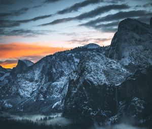 Preview wallpaper mountains, snow, snowy, fog, sunset, sky