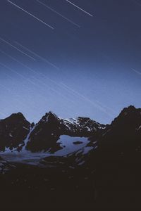 Preview wallpaper mountains, snow, snowy, starfall, stars