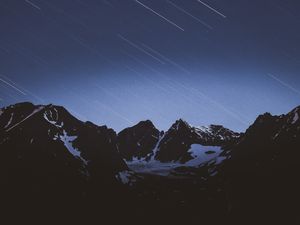 Preview wallpaper mountains, snow, snowy, starfall, stars