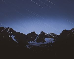 Preview wallpaper mountains, snow, snowy, starfall, stars