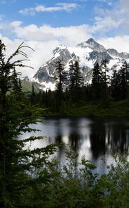 Preview wallpaper mountains, snow, snowy, peaks, lake, sky