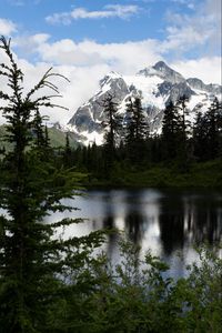 Preview wallpaper mountains, snow, snowy, peaks, lake, sky