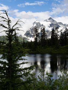 Preview wallpaper mountains, snow, snowy, peaks, lake, sky