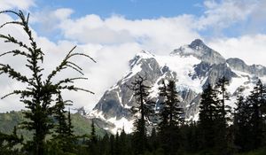 Preview wallpaper mountains, snow, snowy, peaks, lake, sky