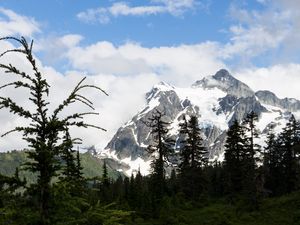 Preview wallpaper mountains, snow, snowy, peaks, lake, sky