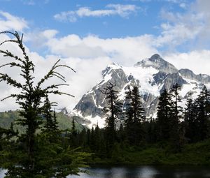 Preview wallpaper mountains, snow, snowy, peaks, lake, sky