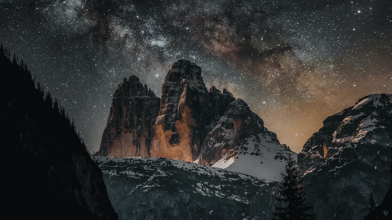 Wallpaper mountains, snow, stars, milky way, night, dark