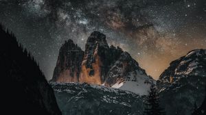 Preview wallpaper mountains, snow, stars, milky way, night, dark