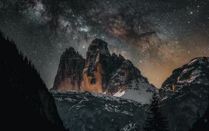 Preview wallpaper mountains, snow, stars, milky way, night, dark