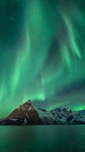 Preview wallpaper mountains, snow, stars, northern lights, night