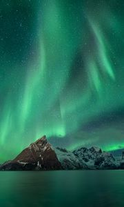 Preview wallpaper mountains, snow, stars, northern lights, night