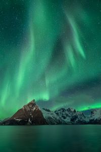 Preview wallpaper mountains, snow, stars, northern lights, night