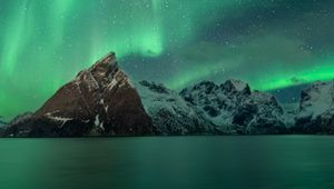 Preview wallpaper mountains, snow, stars, northern lights, night