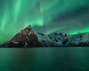 Preview wallpaper mountains, snow, stars, northern lights, night