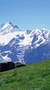 Preview wallpaper mountains, snow, stones, meadow, slope, track, grass